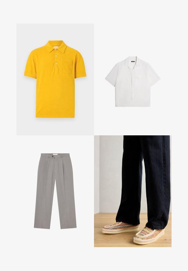 Žluté polokošile vyrobené z měkkého froté s límečkem, dvouknoflíkovým zapínáním a přední kapsou. Krátké rukávy a jednobarevné provedení.; Bílé tričko s krátkým rukávem, měkká textilie, knoflíková přední část, rozšířený límec, jednouchá náprsní kapsa, volný styl. Hladké, bez vzorů.; Šedé kalhoty s rovnými nohavicemi, vyrobené z hladkého materiálu. Mají přední záhyb, jednoprečkový zapínání a poutka na opasek.; Vícebarevné pletené nazouvací boty s krémovou podrážkou, doplněné texturovaným páskem a kontrastním stehem, kombinované s tmavými kalhotami.