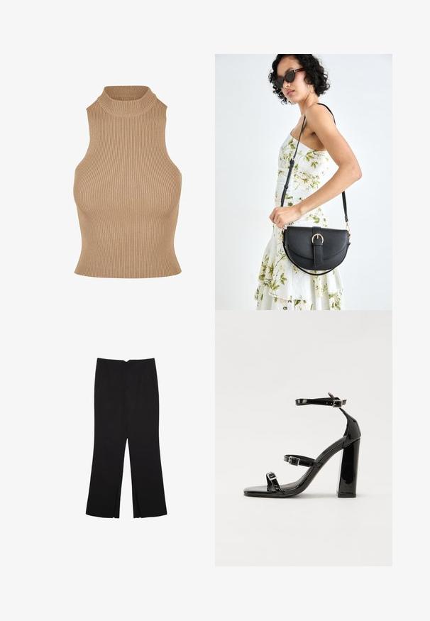 Gestreifter, ärmelloser Stricktop in Beige, mit hohem Stehkragen und figurbetontem Design, das Textur und schlanke Silhouette betont.; Schwarze Hose mit geradem Schnitt, ausgestattet mit Fronttaschen und Seitenschlitzen am Saum. Hergestellt aus weichem, glattem Stoff. Geeignet für verschiedene Anlässe.; Schwarze Lackleder-Sandalen mit hohen Absätzen, zwei Riemen mit Schnallen, quadratischer Zehenpartie und klobigem Blockabsatz, mit einer glatten, glänzenden Textur.; Schwarze Lederhandtasche mit geschwungener Form, abnehmbarem Tragegurt und goldenen Beschlägen. Die Tasche verfügt über einen Deckel mit einer Schnallen-Details.