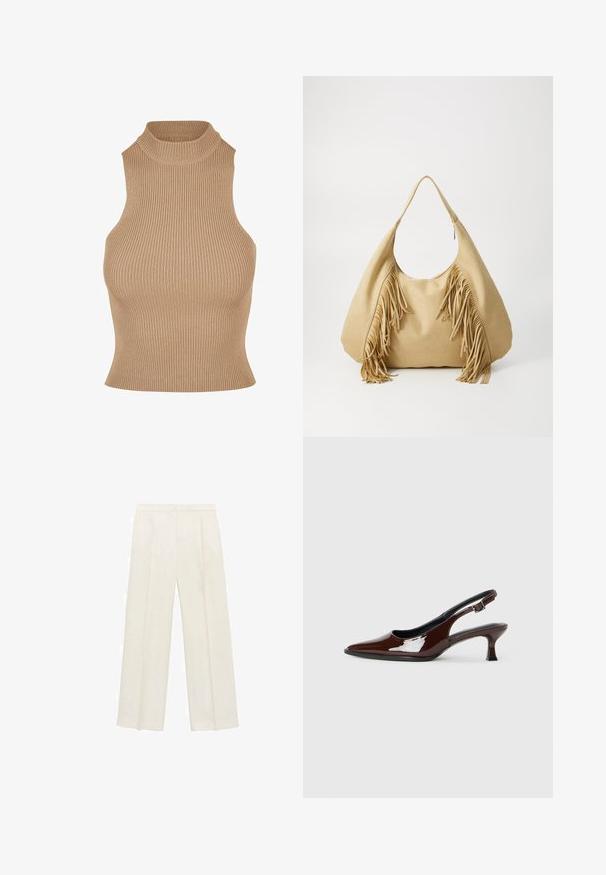 Ribbebåret, strikket ærmeløs top i beige, med høj mock neck og tætsiddende design, der fremhæver tekstur og slank silhuet.; Bredbenede bukser i en lys cremefarve. Fremstillet af et glat stof med plisseringer foran og sidelommer.; Brun patenteret læder slingback sko med spids tå og en moderat hæl. Har en spænde rem for en sikker pasform. Glat tekstur.; Tan ruskind skuldertaske med en stor åbning og lange frynse detaljer på begge sider, kendetegnet ved en glat tekstur og et enkelt håndtag.