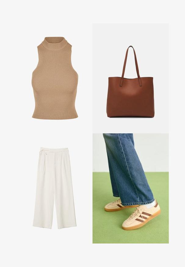 Beżowy, prążkowany top bez rękawów z wysokim kołnierzem, o dopasowanym kroju, podkreślający fakturę i smukłą sylwetkę.; Spodnie o szerokich nogawkach w off-white z gładkiego materiału. Posiadają wiązany pas i plisowany przód, zaprojektowane z myślą o luźnym kroju.; Beżowe sneakersy z fakturowanymi kremowymi panelami i brązowymi paskami, w połączeniu z niebieskimi dżinsami. Dżinsy mają szerokie nogawki i postrzępione wykończenie.; Brązowa skórzana torba tote o gładkiej fakturze, z otwartym wierzchem i dwoma ramiączkami. Charakteryzuje się minimalnym przeszyciem i brakiem widocznych elementów metalowych.