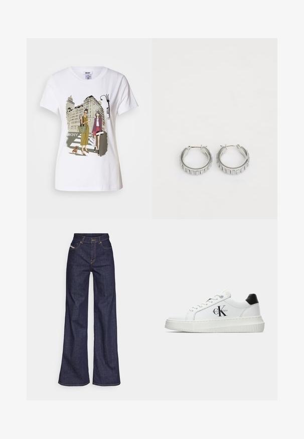 Bílý bavlněný tričko s potiskem, který zobrazuje dvě ženy v městských módních stylech se psem na přechodu a městskými budovami.; Tmavě modré džíny s širokým střihem vyrobené z denimové tkaniny, s vysokým pasem, oranžovým prošíváním, pěti kapsami a zapínáním na knoflík.; Bílé nízké tenisky s černým patním tabem, platformovou podrážkou, tkaničkami a logem Calvin Klein "CK" na boku.; Stříbrné kruhové náušnice s texturovaným designem a vertikálními drážkami. Kulatý tvar s pevným uzávěrem. Hladký povrch.