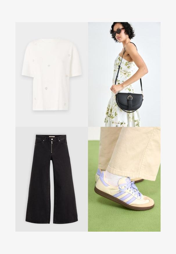 White cotton t-shirt with short sleeves, featuring small silver heart embellishments scattered across the fabric. круглый вырез.; Wide-leg jeans in black denim with a zippered front, five-pocket design, and subtle stitching details. Smooth texture and casual style.; Cream and lavender sneakers with three stripes and a textured brown sole, featuring laces and a padded heel. Soft fabric upper.; Black leather handbag with a curved shape, detachable strap, and gold hardware. The bag features a flap with a buckle detail.