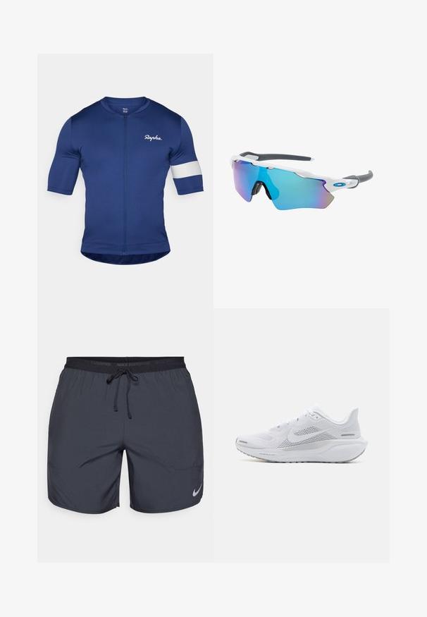 Námořnické cyklistické tričko s krátkým rukávem, plným zipem a bílým pruhem na levém rukávu. Vyrobeno z hladkého, elastického materiálu.; Běžecké šortky Nike v tmavě šedé barvě, se zakončením na gumu a tkaničkou a stříbrným logem na dolní části pravé nohavice.; Bílé sportovní boty s síťovaným svrškem, hladkými texturovanými překryvy, šedými akcenty, tkaničkami a polstrovanou podrážkou navrženou pro výkon.; Sluneční brýle s bílým rámečkem, šedými akcenty a modrými zrcadlovými čočkami. Sportovní design, obepínající tvar a nastavitelné nosní podložky.