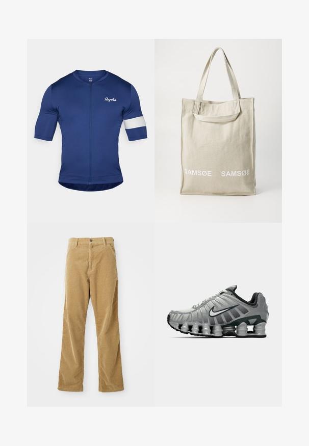Jersey de ciclistă de culoare navy cu mâneci scurte, fermoar complet și detaliu cu dungi albe pe mâneca stângă. Fabricat dintr-un material neted și elastic.; Pantaloni din corduroy maro deschis, cu buzunare frontale, bucle pentru curea, închidere cu buton și croială dreaptă, așezați pe un fundal alb.; Adidas de alergare gri și negru, cu amortizare vizibilă sub talpă, asemănătoare unui arc, și un logo swoosh alb pe lateral.; Geantă de tote din pânză de culoare bej deschis cu mânere duale, având logo-ul "SAMSOE" în alb imprimat pe față. Formă rectangulară cu un design simplu.