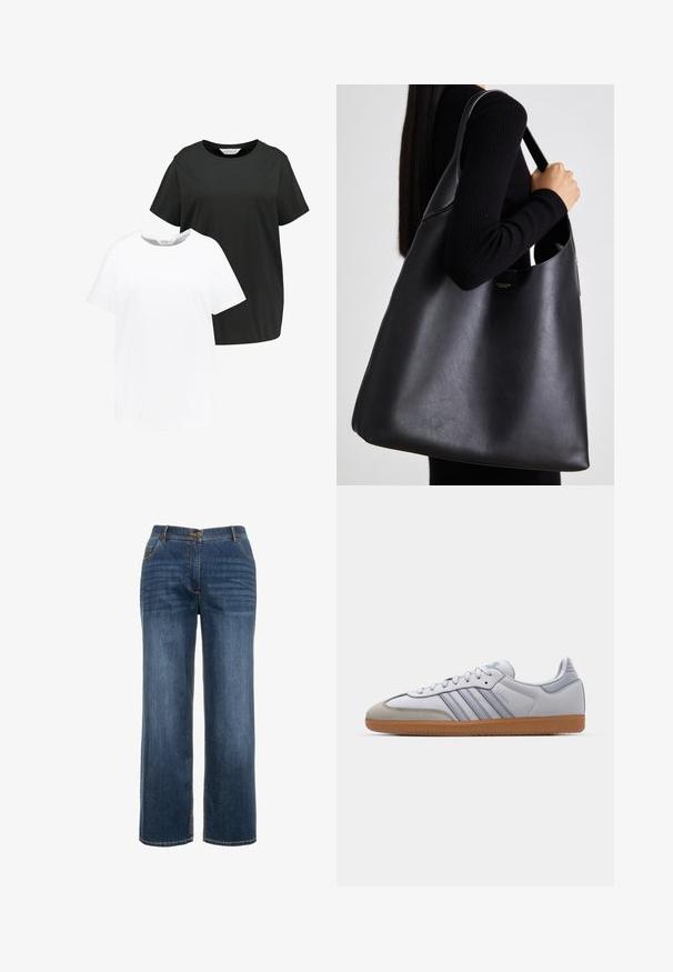 Dwie koszulki z okrągłym dekoltem w kolorze czarnym i białym. Krótkie rękawy, wykonane z miękkiej tkaniny bawełnianej, proste cięcie z luźnym krojem.; Granatowe dżinsy o prostym kroju, z przednimi kieszeniami, zamek błyskawiczny oraz widocznym kontrastowym wykończeniem.; Białe skórzane trampki z jasnoniebieskimi akcentami, szarym zamszowym noskiem i brązową gumową podeszwą. Posiadają trzy niebieskie paski oraz logo "Samba".; Czarna skórzana torba tote o gładkiej fakturze, w oversize'owym kształcie, z jedną regulowaną rączką. Posiada złoty akcent w postaci logo.