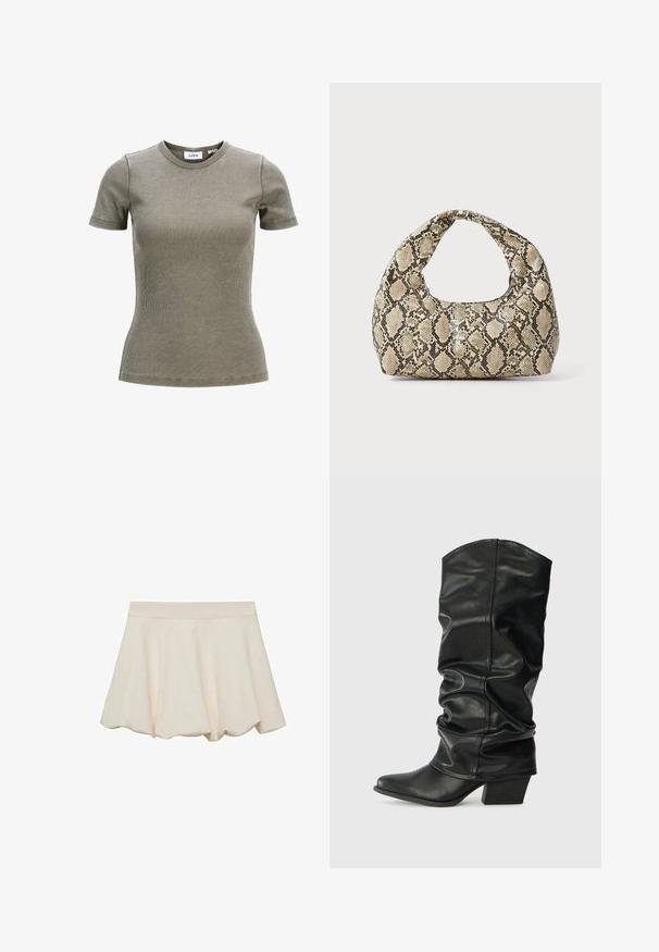 Olivovo zelené rebrované tričko s krátkym rukávom a okrúhlym výstrihom. Má priliehavý strih a jemnú textúru. Značková etiketa je viditeľná vo vnútri goliera.; Krémová sukňa s jemnou, hladkou textúrou, rozšíreným strihom a vlnkovaným lemom. Obsahuje široký elastický pás pre pohodlie.; Čierne kožené čižmy po kolená so sklopeným dizajnom, špicatou špičkou a masívnym opätkom, s hladkým povrchom a minimálnym šitím.; Kabelka s hadím vzorom a zakriveným rukoväťou. Vyrobená z textúrovaných béžových a hnedých materiálov, s charakteristickým diamantovým vzorom.