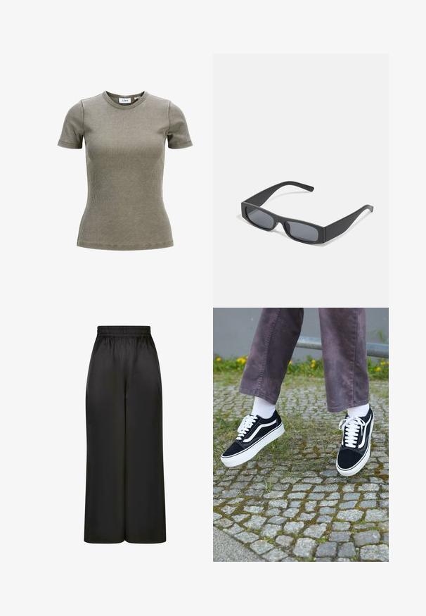 Tricou scurt cu mânecă, de culoare verde măslin, cu guler rotund. Prezintă un design ajustat și o textură moale. Eticheta brandului este vizibilă în interiorul gulerului.; Pantaloni negri cu picioare largi, fabricați dintr-un material neted și lucios, cu un elastic la talie și fără buzunare vizibile sau detalii metalice.; Adidași negri din suede cu accente albe, având vârful rotunjit, talpă groasă albă și un design clasic cu șireturi, purtați cu șosete albe și pantaloni mov.; Ochelari de soare negri, cu lentile întunecate și rame groase mate. Brațele sunt ușor conice, cu o textură netedă.