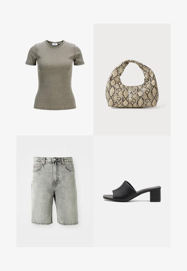 Õliväärise roheline ribadega lühikeste varrukatega T-särk ümmarguse kaelusega. Omab vormitud disaini ja pehmet tekstuuri. Brändi silt on nähtav krae sees.; Hallide denim lühikesed püksid klassikalise viie tasku disainiga, pleekinud viimistluse ja õmblustega hemil ja vööümbermõõdul.; Must have mustel, musta nahk, avatud varvastega, plokknõgelste kontsadega, sileda pinnaga ja kergelt kaarduva pealsega mugavuseks ja stiiliks.; Musta käärmeprindiga kott kõveraga käepidemega. Valmistatud tekstiilsetest, beežidest ja pruunidest materjalidest, millel on iseloomulik rombikujuline muster.