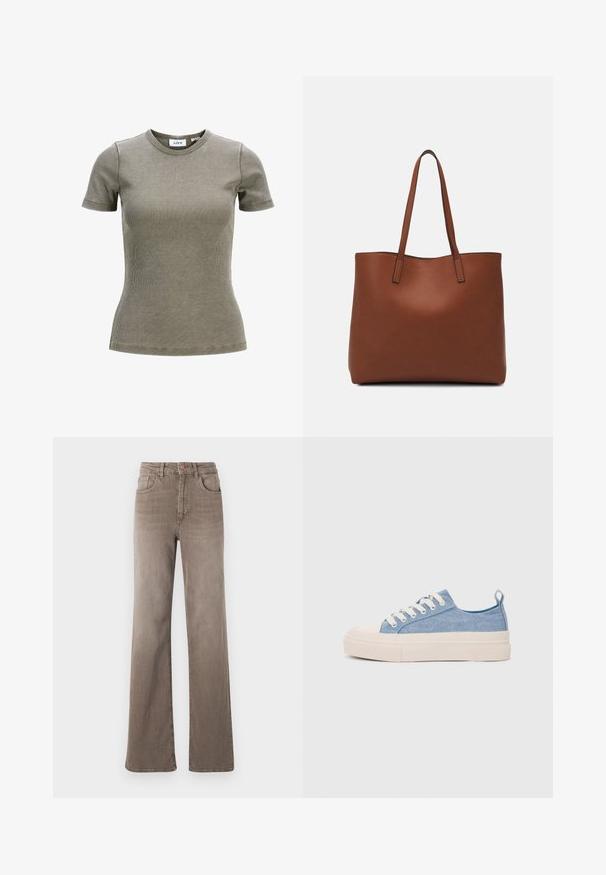 Olive green ribbed short-sleeve t-shirt with a round neckline. Features a fitted design and soft texture. Brand label visible inside collar.; Brown high-waist straight-leg jeans with front button, belt loops, and classic five-pocket design on a white background.; Light blue canvas sneakers with a cream rubber toe cap and outsole, featuring white laces and a pull tab on the heel.; Brown leather tote bag with a smooth texture, open top design, and two shoulder straps. Features minimal stitching and no visible hardware.
