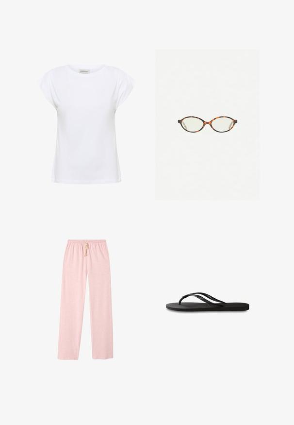 White t-shirt made of soft cotton, featuring a round neckline and short, pleated sleeves. The hem is straight and slightly loose-fitting.; Light pink, cotton lounge pants with a loose fit, elastic waistband, and drawstring detail. Smooth texture, full-length design.; Black flip-flop featuring a textured rubber sole, two slender straps, and a subtle, embossed logo detail on the strap.; Tortoiseshell eyeglasses with oval lenses and a sleek, smooth finish. Features thin sides with a subtle curve at the temples. Clear lenses.