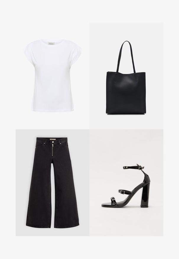 Tricou alb din bumbac moale, cu decolteu rotund și mâneci scurte plisate. Croiala este dreaptă și ușor lejeră.; Jeans cu picioare largi din denim negru, cu fermoar în față, design cu cinci buzunare și detalii subtile de cusătură. Textură netedă și stil casual.; Sandale cu toc din patent negru, cu vârf pătrat, curele la gleznă și catarame din argint. Dispune de un toc gros pentru stabilitate.; Geantă tote neagră din piele, cu textură netedă, formă rectangulară și două mânere lungi. Fără hardware vizibil sau ornamente.