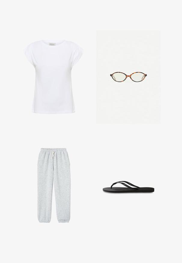 Bela majica iz mehke bombažne tkanine, z okroglim izrezom in kratkimi, nabranimi rokavi. Rob je raven in nekoliko ohlapen.; Sive trenirke iz mehkega materiala, z elastičnim pasom z vrvico in elastičnimi manšetami na gležnjih.; Črne natikače z teksturirano gumijasto podlogo, dvema ozkima trakoma in subtilnim, vtisnjenim logom na traku.; Kornjačaste očala z ovalnimi lečami in gladko, sijočo površino. Imajo tanke stranice z rahlim ovinkom na templjih. Prosojne leče.