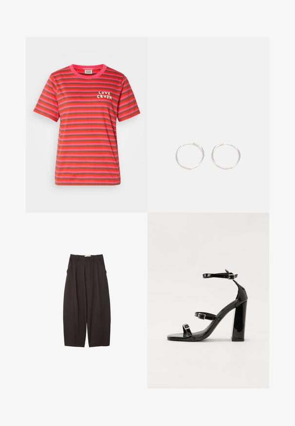T-shirt z krótkim rękawem i okrągłym dekoltem w różowo-brązowe poziome paski. Na lewej stronie klatki piersiowej umieszczony jest napis "LOVE CRUSH" w białym kolorze.; Czarne spodnie o szerokich nogawkach wykonane z gładkiego materiału, z wysokim stanem, plisami z przodu i bocznymi kieszeniami. Prosty fason bez zdobień.; Czarne lakierowane sandały na obcasie z kwadratowym noskiem, z paskami wokół kostki i srebrnymi klamrami. Posiadają masywny słupek dla stabilności.; Srebrne kolczyki w kształcie obręczy o gładkim, okrągłym designie, charakteryzujące się gładką powierzchnią i brakiem widocznych ozdób. Średnica nieokreślona.