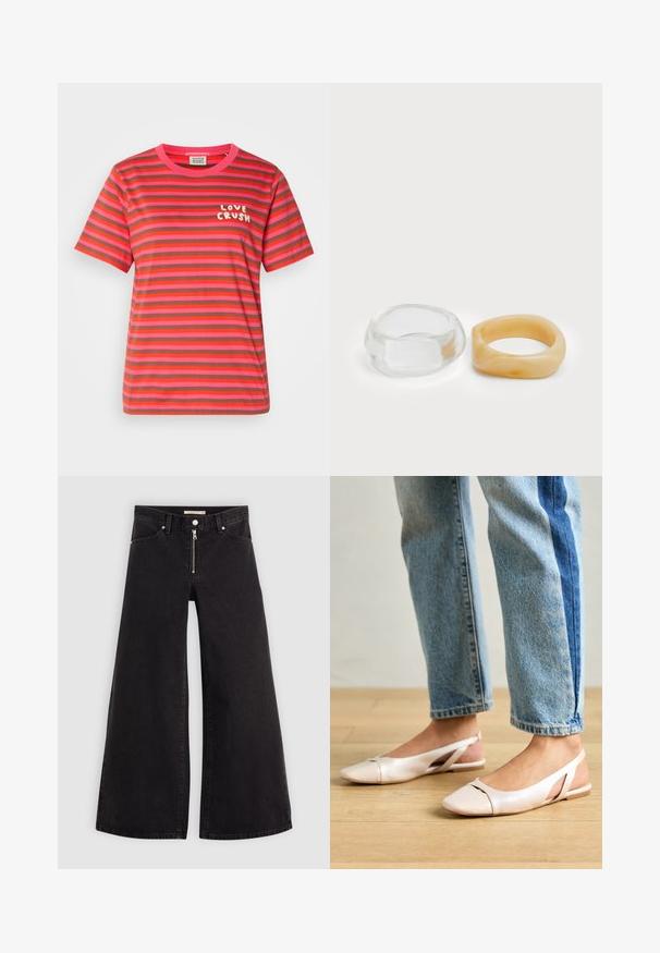 T-skjorte med korte ermer og rund hals i rosa og brune horisontale striper. Har teksten "LOVE CRUSH" i hvitt på venstre brystområde.; Vide benbukser i sort denim med glidelås i front, fem-lomme design og subtile sømdetaljer. Glatt tekstur og avslappet stil.; Lys rosa slingback leiligheter med spiss tå, laget av et glatt, læraktig materiale. Har utskjæringer på sidene og lav hæl.; Klare og ravfargede harer, den ene glatt og gjennomsiktig, den andre med en teksturert, ravfarget finish. Begge har avrundede, kraftige design.