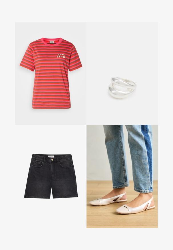 Kortærmet t-shirt med rund hals i pink og brune vandrette striber. Har teksten "LOVE CRUSH" i hvid på venstre brystområde.; Svart denim shorts med et klassisk fem-lomme design, enkelt knaplukning og lige ben. Glat tekstur med subtile stikninger.; Lyserøde slingback flade sko med spidse tær, lavet af et glat læderlignende materiale. Har udskæringsdetaljer på siderne og en flad hæl.; Sølvring med dobbeltbånd og en glat, poleret overflade. Den har et flydende, buet design med overlappende sektioner for et moderne udtryk.