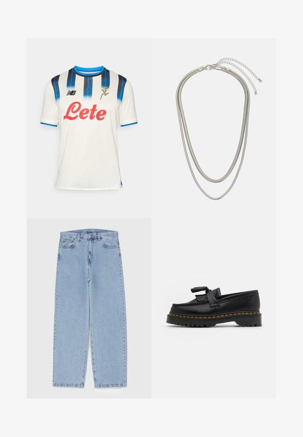 Camisa de fútbol blanca con rayas verticales negras y azules, cuello redondo y mangas cortas. Presenta un logo rojo de "Lete" y la marca New Balance.; Jean de mezclilla azul claro con diseño de pierna recta, con una cintura de altura media, cinco bolsillos y un cierre de botón y cremallera.; Mocasín de cuero negro con un acento de borlas, que presenta una suela gruesa negra y costuras amarillas a lo largo del borde. Acabado texturizado.; Collar de metal plateado de tres capas que presenta cadenas flexibles y elegantes con un ligero brillo, asegurado con un cierre de langosta y cadena ajustable.