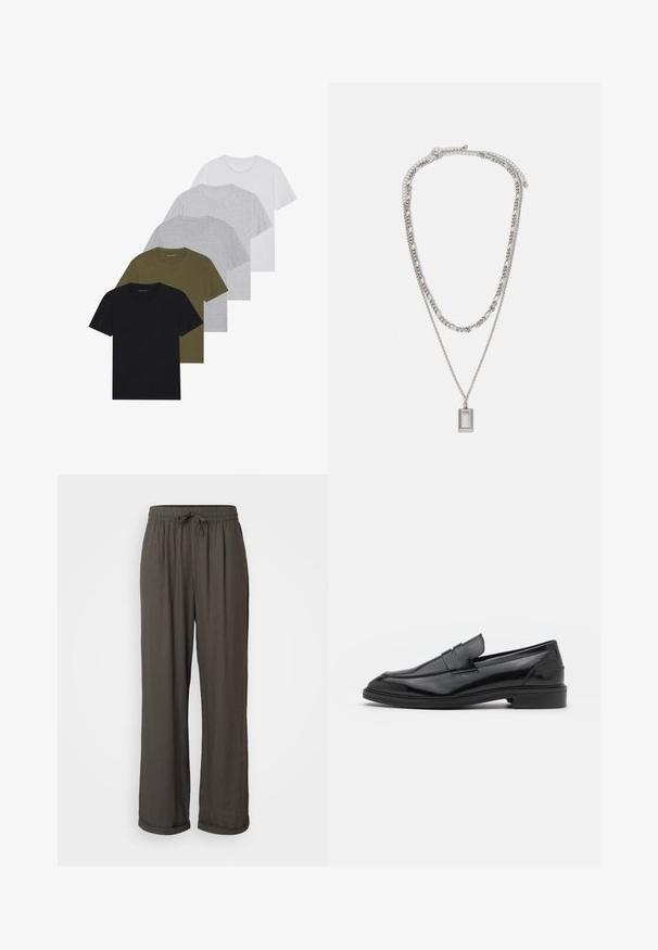 Five crew neck t-shirts in black, olive, light gray, dark gray, and white. Made of soft fabric with short sleeves and a relaxed fit.; Dark gray wide-leg pants with a drawstring waist, made of a soft, textured fabric, featuring rolled cuffs at the ankles.; Black leather loafers with a smooth finish, featuring a rounded toe and a narrow band across the upper. Low stacked heel.; Silver necklace with two layered chains; features a rectangular pendant with a smooth surface, showcasing a polished metal finish.