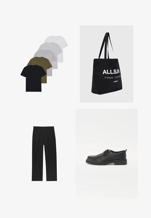 Pet majica s okruglim izrezom u crnoj, maslinastoj, svijetlo sivoj, tamno sivoj i bijeloj boji. Izrađene od mekane tkanine s kratkim rukavima i ležernim krojem.; Crne hlače ravnog kroja, izrađene od glatkog materijala. Imaju prednje nabore i jedan dugme na struku.; Crne kožne cipele s vezicama, zaobljenog vrha, s teksturiranim potplatom i uzdignutim šavovima duž rubova. Jednostavan dizajn bez uzoraka ili ukrasa.; Crna tote torba od platna s dva dugačka drška, s bijelim natpisom "ALLSAINTS" i dodatnim znakovima u modernom fontu.