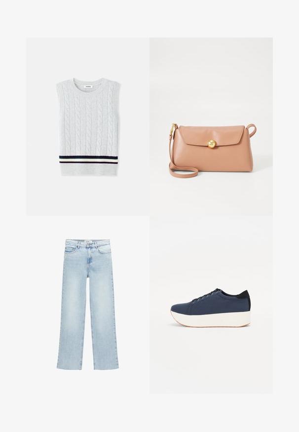 Valkoinen harmaa hihaton neule, jossa on kabelineulekuvio ja nauhakuviollinen helma laivastonsinisen, vihreän ja kermaisen sävyissä. Pehmeä rakenne.; Vaaleansiniset leveälahkeiset farkut, joissa on korkea vyötärö, viisi taskua ja nappisuljenta. sisältää minimaalista ompelu- ja yksityiskohtaisuutta.; Sotilaspunainen tennari, jossa on teksturoitu kangasyläosa, valkoinen alustan pohja, pyöreä kärki ja musta kantapääkorostus. Varustettu kuudella nyörille tarkoitetulla reikällä.; Furla MINI CROSSBODY TOP HANDLE - Olkalaukku - tulle