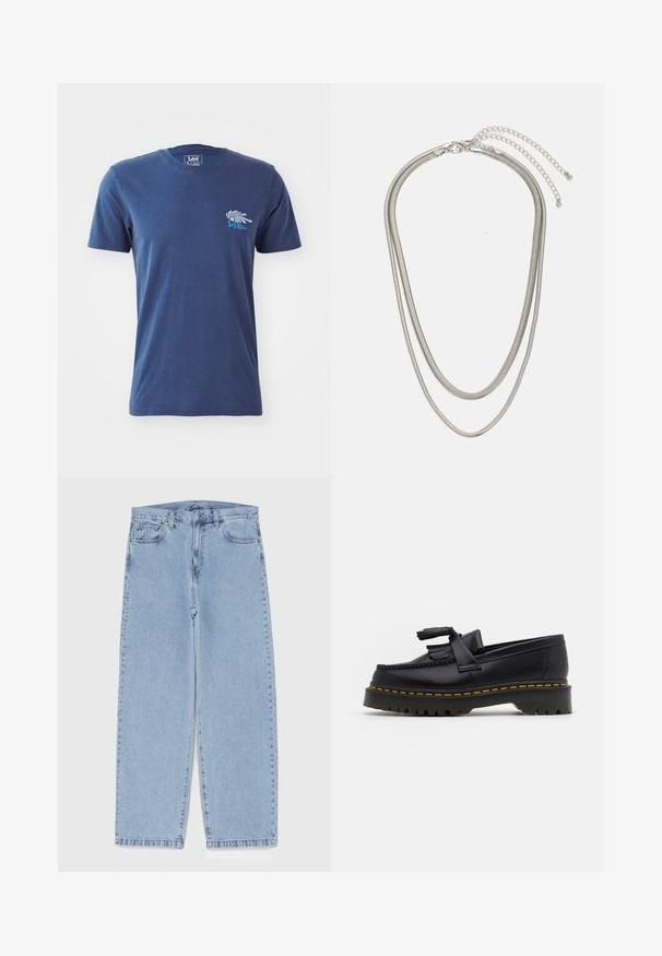 T-shirt de algodão azul marinho com mangas curtas, decote redondo e um design gráfico de uma mão e texto na área do peito esquerdo.; Jeans de denim azul claro com design de perna reta, apresentando uma cintura de altura média, cinco bolsos e um fecho de botão e zíper.; Mocassim de couro preto com um detalhe de franjas, apresentando uma sola preta robusta e costura amarela ao longo da borda. Acabamento texturizado.; Colar de metal prateado em três camadas, com correntes flexíveis e elegantes que possuem um leve brilho, fechado com um fecho de lagosta e corrente ajustável.