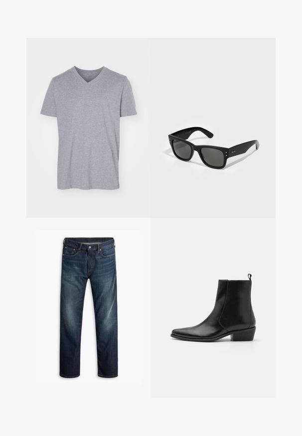 Szürke pamut póló V-kivágással, rövid ujjú és laza szabású. Puha, könnyű anyag, látható minták vagy díszítések nélkül.; Sötétkék farmernadrág enyhe kopással a combokon, öt zsebes dizájn, gombos zárás és látható narancssárga varrás egy fehér háttéren.; Zign LEATHER - Cowboy/motoros bokacsizma - black; Fekete napszemüveg, négyzet alakú kerettel, sötét lencsékkel. Kis arany pöttyökkel és arany logóval díszítve a szárán. Simább tapintás.