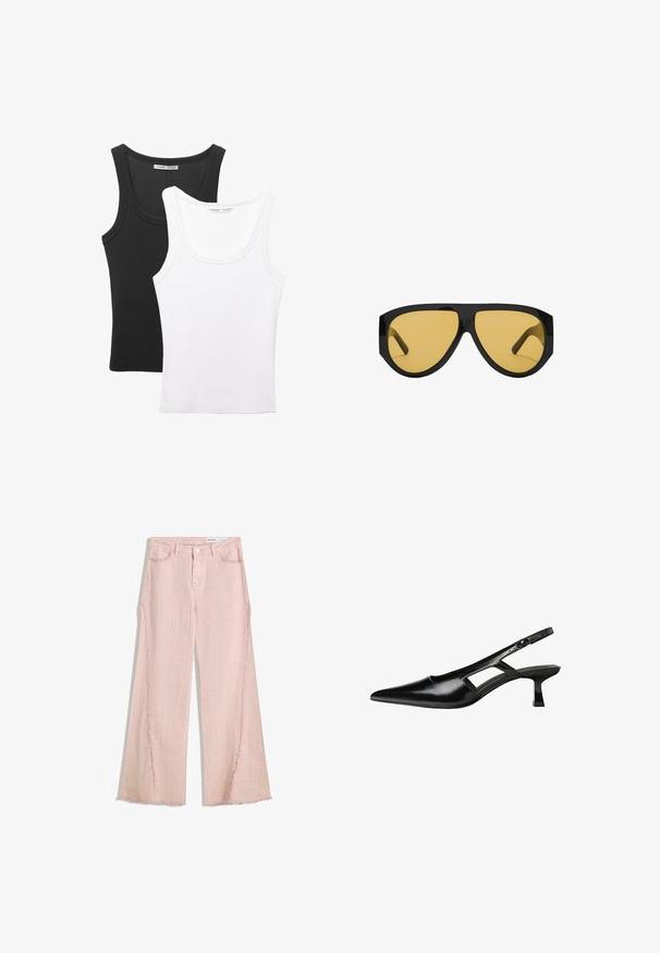 Zwei Tanktops sind ausgestellt, eines schwarz und eines weiß. Beide haben eine gerippte Textur und breite Träger mit einem abgerundeten Ausschnitt.; Hellrosa weit geschnittene Jeans mit strukturierter Oberfläche, fransigem Saum und Fünf-Taschen-Design. Verfügt über einen Knopfverschluss und Gürtelschlaufen.; Schwarze Lackleder-Slingback-High Heels mit spitzer Zehenform, ausgeschnittenem Seitendesign und kleinem Blockabsatz. Glatte Textur mit minimalen Akzenten.; Sonnenbrille mit einem eleganten, schwarzen Kunststoffrahmen und gelb getönten Gläsern, in einer markanten, eckigen Form und breiten Schläfen für zusätzlichen Schutz.; Braune Lederhandtasche mit gerafftem Oberteil und Kettenriemen. Glatte Textur mit glänzendem Finish und subtilen Nahtdetails an den Seiten.
