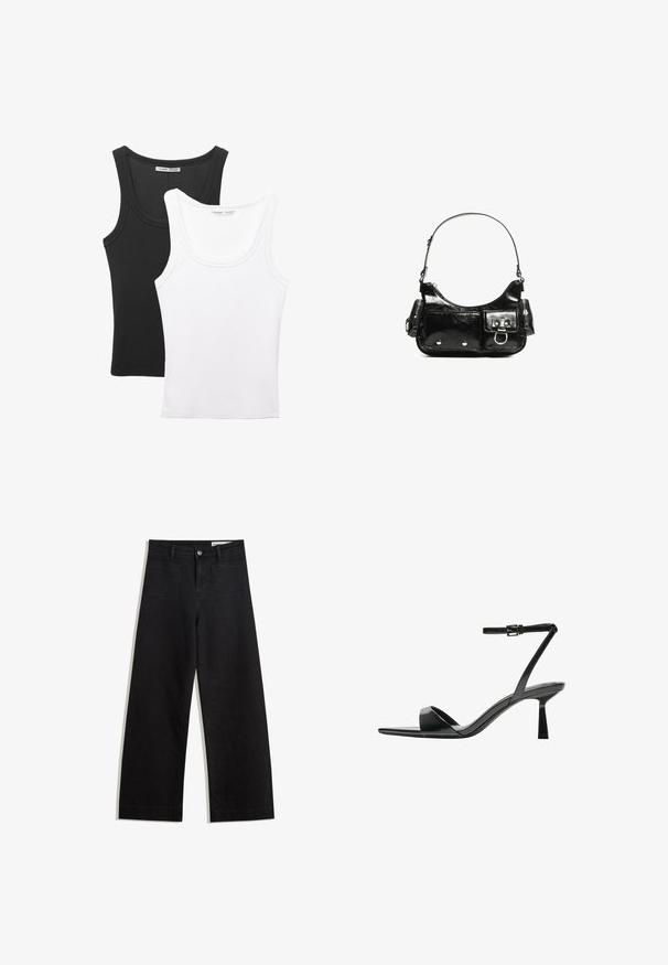 Două tricouri de tip top expuse, unul negru și unul alb. Ambele au o textură ribbed, cu bretele late și un decolteu rotund.; Pantaloni din denim negri cu picioare largi, cu talie înaltă, având buzunare frontale și posterioare, cusături dublate și închidere cu nasture. Textură netedă.; Bershka Sandale cu toc - black; Geantă de mână din piele lăcuită neagră, cu o formă curbată, un umăr, buzunare frontale și accente din metal argintiu.