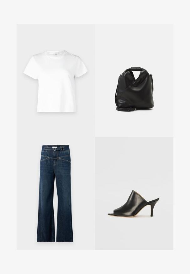 Agolde ADINE SHRUNKEN - Navadna majica - white; Široke hlače iz temnorjavega denima, z visokim pasom, dvema sprednjima žepoma in kontrastnimi šivi.; Črne usnjene mule z odprtim prstom, z elegantno, ukrivljeno zasnovo, visokim stiletto peto in gladko teksturo. Notranjost je v kontrastni svetli barvi.; Črna, mehka usnjena torba z edinstveno zasnovo z vrtenjem. Ima kratek ročaj in snemljiv ramenski trak. Minimalističen slog.