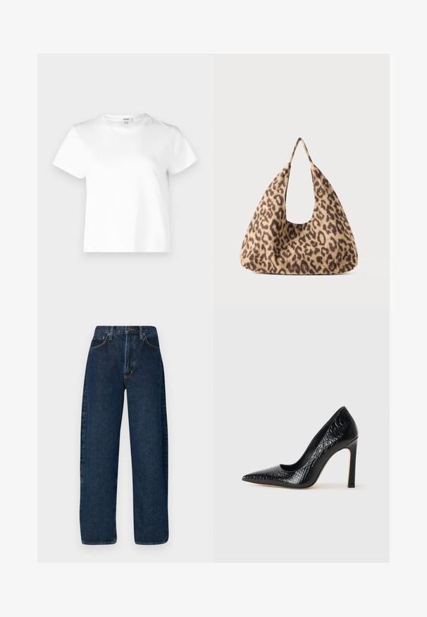 Agolde ADINE SHRUNKEN - Tricou basic - white; Jeans din denim albastru, cu croi larg, talie înaltă, având un styling clasic cu cinci buzunare și cusături contrastante de-a lungul cusăturilor.; Pantofii cu toc înalt, ascuțiți, de culoare neagră, cu textură de piele de crocodil, având un design elegant, toc în stil stiletto și interior neted de culoare neagră.; Geantă cu imprimeu de leopard, fabricată din material moale, având o formă triangulară unică, cu un mâner mare deschis și o textură netedă.