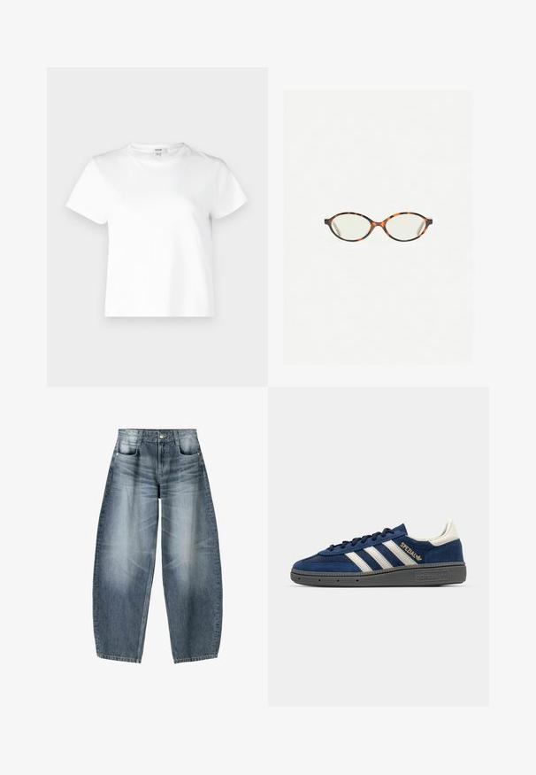 Agolde ADINE SHRUNKEN - Základné tričko - white; Džínsy s širokými nohavicami vyrobené z svetlomodrého denim materiálu s opotrebovaním, s piatimi vreckami, zapínaním na gombík a minimálnym prešívaním.; Námornícke semišové tenisky s bielymi pruhmi, zlatým detailom "Spezial", šedou textúrovanou podrážkou, zaoblenou špičkou a zladenými šnúrkami. Klasický dizajn.; Korytnačkové okuliare s oválnymi šošovkami a hladkým, lesklým povrchom. Majú tenké strany s jemným zakrivením na spánkoch. Priehľadné šošovky.