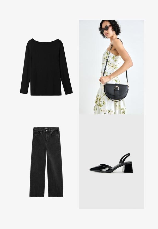 Schwarzes Langarmoberteil mit einem schulterfreien Ausschnitt, aus weichem Baumwollgewebe, mit lockerer Passform und geradem Saum.; Weite schwarze Denim-Jeans mit feinem vertikalen Streifenmuster, ausgestattet mit einem Fünf-Taschen-Design und einem klassischen Knopfverschluss an der Taille.; Schwarze Lackleder-Slingback-High Heels mit spitzem Schuh und einem geometrischen Blockabsatz. Verfügt über ein schlankes, minimalistisches Design und eine glatte Textur.; Schwarze Lederhandtasche mit geschwungener Form, abnehmbarem Tragegurt und goldenen Beschlägen. Die Tasche verfügt über einen Deckel mit einer Schnallen-Details.