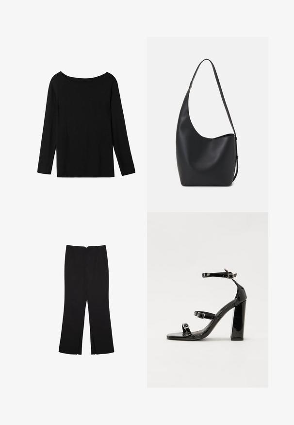 Schwarzes Langarmoberteil mit einem schulterfreien Ausschnitt, aus weichem Baumwollgewebe, mit lockerer Passform und geradem Saum.; Schwarze Hose mit geradem Schnitt, ausgestattet mit Fronttaschen und Seitenschlitzen am Saum. Hergestellt aus weichem, glattem Stoff. Geeignet für verschiedene Anlässe.; Schwarze patentierte Sandalen mit Absatz, quadratischer Spitze, Knöchelriemen und silbernen Schnallen. Mit einem stabilen Blockabsatz für mehr Stabilität.; Schwarze Leder-Hobo-Tasche mit einer glatten Textur, geschwungener Form und einem einzelnen verstellbaren Tragegurt; verfügt über eine weite Öffnung am oberen Ende.