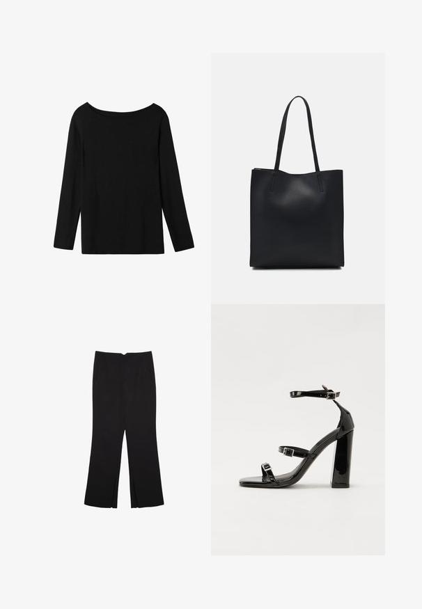 Sort langærmet top med off-the-shoulder halsudskæring, lavet af blødt bomuldsstof, med en afslappet pasform og lige kant.; Sorte bukser med lige pasform, der har frontlommer og slidser i kanten. Lavet af blødt, glat stof. Velegnet til forskellige anledninger.; Sorte patenterede hælsandaler med firkantet tå, ankelremme og sølvspænder. Har en chunky blokHæl for stabilitet.; Sort læder tote taske med glat tekstur, rektangulær form og to lange hanke. Ingen synlig hardware eller udsmykninger.