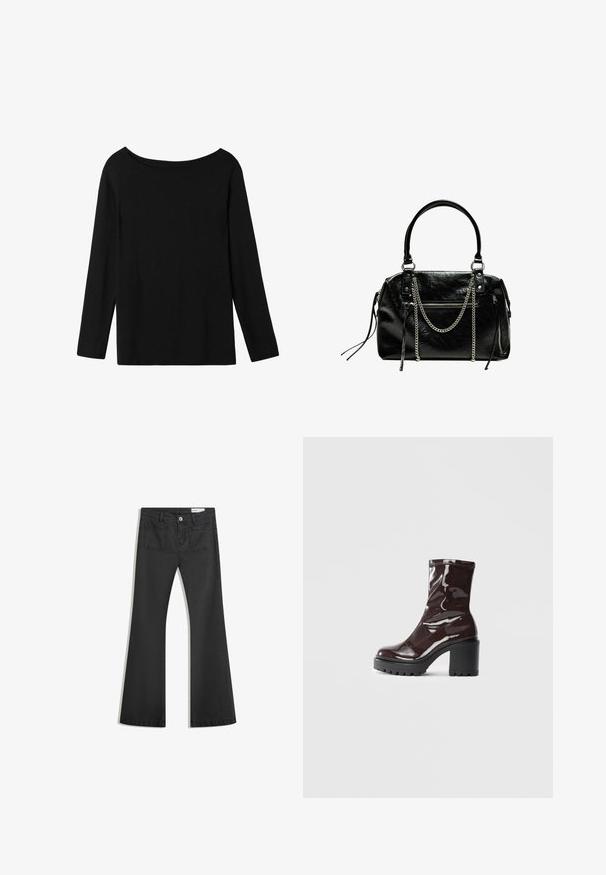 Zwart langmouwtop met een off-shoulder halslijn, gemaakt van zachte katoenen stof, met een relaxte pasvorm en een rechte zoom.; Zwarte flared jeans van denim met een gladde textuur, voorzien van twee achterzakken en een knoopsluiting bij de taille.; Glanzende bordeauxrode enkelboot met een chunky zwarte hak, met een gladde textuur en een eenvoudig ontwerp. Geen zichtbare sluitingen of patronen.; Bershka WITH CHAIN - Handtas - black