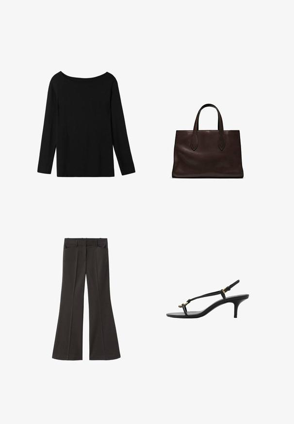 Svart långärmad topp med off-shoulder halsringning, tillverkad av mjuk bomullstyg, med avslappnad passform och rak nederkant.; Svarta utsvängda byxor med hög midja; har två framfickor och en mjuk tygtextur. Lämpliga för olika tillfällen.; Svart lädersandal med kitten heel, tunna remmar, guldspänne och minimalistisk tåloop på en vit bakgrund.; Brun läder tote-väska med två avlånga handtag, strukturerad rektangulär form, slät textur och subtila sömdetaljer.