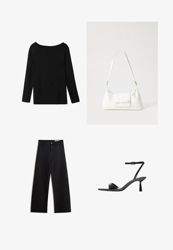 Svart långärmad topp med off-shoulder halsringning, tillverkad av mjuk bomullstyg, med avslappnad passform och rak nederkant.; Svarta vida denimbyxor med hög midja, med fram- och bakfickor, sydda sömmar och knappstängning. Slät textur.; Bershka Sandaletter - black; Vit syntetisk handväska med triangulär form, platt framklaff och rosettdetalj, justerbar rem, slät textur och minimalistisk design.