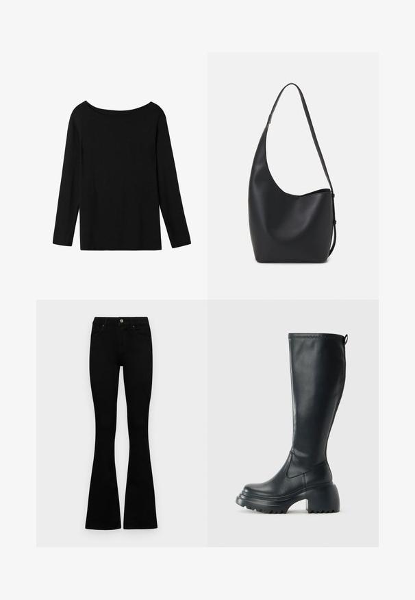 Zwart langmouwtop met een off-shoulder halslijn, gemaakt van zachte katoenen stof, met een relaxte pasvorm en een rechte zoom.; Zwarte hoge taille jeans met een knoop- en ritssluiting, voorzakken en een flared pijp, plat gelegd op een witte achtergrond.; Hoge zwarte leren laars met een chunky plateauzool en blokhak, voorzien van een trekband en een gestructureerd profiel op de buitenzool.; Zwarte leren hobo tas met een gladde textuur, kromme vorm en een enkele verstelbare schouderband; heeft een brede opening aan de bovenkant.