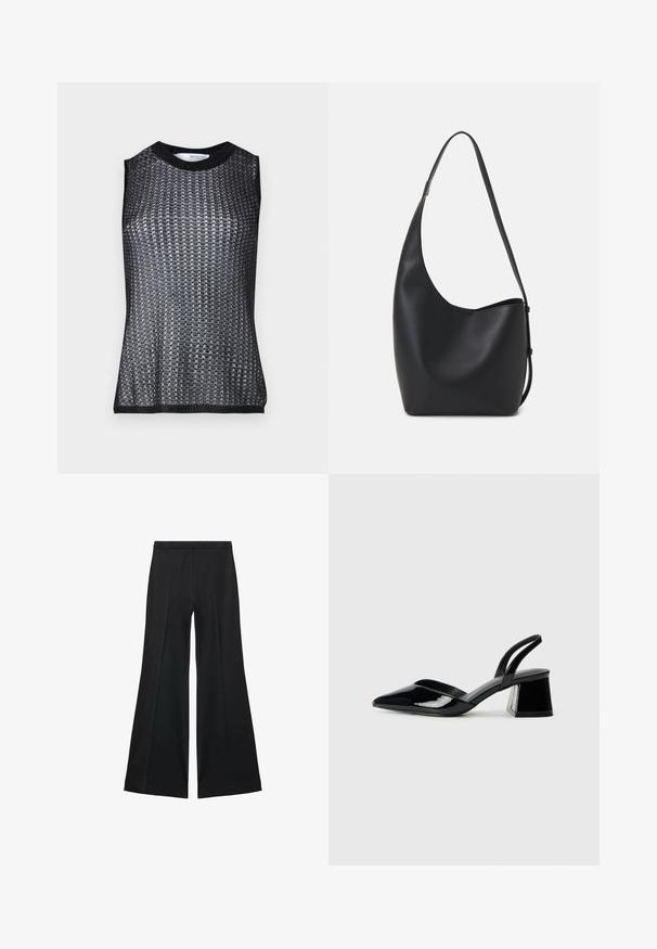 Schwarzes ärmelloses Top mit einem strukturierten, gewebten Muster, das über einen runden Halsausschnitt und kontrastierende gerippte Säume an Saum und Armausschnitten verfügt.; Schwarze weit geschnittene Hose mit glatter Textur, ausgestattet mit Frontfalten und einem taillierten Design. Der Stoff ist leicht und fließend.; Schwarze Lackleder-Slingback-High Heels mit spitzem Schuh und einem geometrischen Blockabsatz. Verfügt über ein schlankes, minimalistisches Design und eine glatte Textur.; Schwarze Leder-Hobo-Tasche mit einer glatten Textur, geschwungener Form und einem einzelnen verstellbaren Tragegurt; verfügt über eine weite Öffnung am oberen Ende.