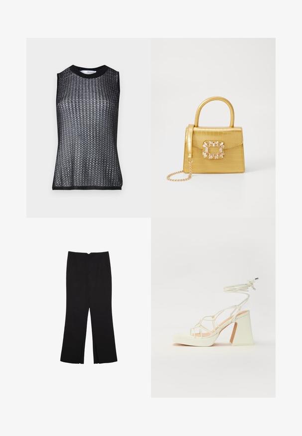Sort ærmeløs top med et tekstureret, vævet mønster, featuring en rund halsudskæring og kontrasterende ribbede kanter og ærmegennemsnit.; Sorte bukser med lige pasform, der har frontlommer og slidser i kanten. Lavet af blødt, glat stof. Velegnet til forskellige anledninger.; Hvide højhælede sandaler med en kraftig hæl, der har et stropdesign og ankelbinding. Glat tekstur med en platform foran for ekstra højde.; Gul faux-krokodille skuldertaske med struktureret design, top-håndtag, aftagelig kædetraske og dekorativ krystaldekoration på låsen.