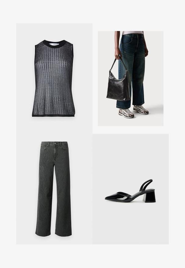 Black sleeveless top with a textured, woven pattern, featuring a round neckline and contrasting ribbed hem and armholes.; Wide-leg jeans in dark gray denim, featuring a subtle zebra-pattern texture, contrast stitching, and five-pocket design with a button fly.; Black patent leather slingback heels with a pointed toe and a geometric block heel. Features a sleek, minimal design and smooth texture.; Black leather shoulder bag with a smooth texture and adjustable strap, paired with faded wide-leg jeans and athletic sneakers.