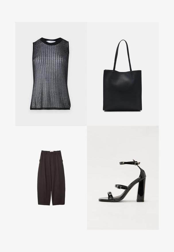 Musta hihaton toppi, jossa on tekstuuriin perustuva kudottu kuvio, pyöreä kaula-aukko sekä kontrastiväriset ribsireunat ja käsiaukot.; Mustat leveälahkeiset housut, jotka on valmistettu sileästä kankaasta. Niissä on korkea vyötärö, etupleatsit ja sivutaskut. Yksinkertainen muotoilu ilman koristeita.; Musta kiiltävä korkokenkä sandaalit neliönmuotoisella varpaalla, nilkkaremmillä ja hopeisilla soljilla. Varustettu tukevalla lohkokorkealla vakauden takaamiseksi.; Mustapahkainen kangaskassi, jossa on sileä pinta, suorakaiteen muotoinen ja kaksi pitkää kahvaa. Ei näkyvää metalliosaa tai koristeita.