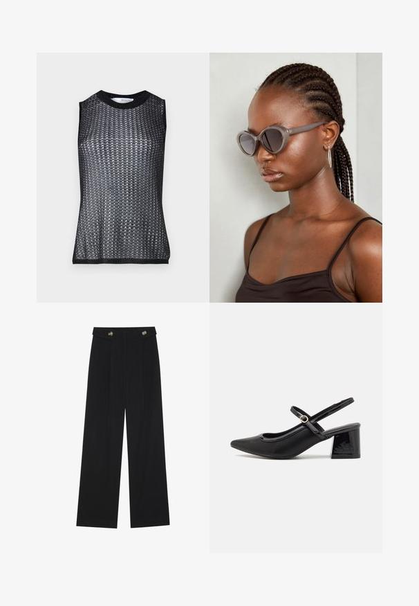 Top preto sem mangas com um padrão texturizado e trançado, apresentando um decote arredondado e bainha e cavas em relevo contrastantes.; Calças largas pretas com cintura alta, detalhes em botão na cintura e pregas frontais.; Sabrinas de cerâmica preta com salto bloco, bico apontado e um design com recortes arredondados. Apresenta um detalhe em fivela de tom dourado.; Óculos de sol cinzentos de tamanho oversized com uma forma arredondada e lentes escuras. Armação de plástico elegante com um acabamento suave. O modelo tem cabelo trançado.
