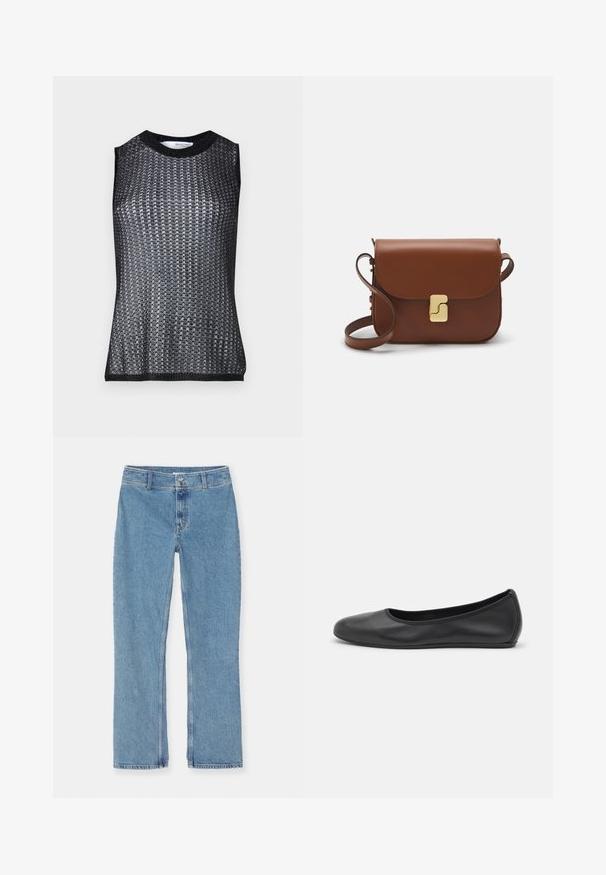 Černý bezrukávový top s texturovaným, tkaným vzorem, který má kulatý výstřih a kontrastní žebrovaný lem a průramky.; Světlé modré džíny rovného střihu s knoflíkovým a zipovým zapínáním, poutky na opasek a standardním švem na bílém pozadí.; Černé kožené baletní byty s kulatou špičkou, hladkou texturou, minimálními švy a flexibilním designem podrážky.; Hnědá kožená kabelka s klopou, zlatými kovovými detaily, ramenním popruhem a hladkým povrchem. Kompaktní obdélníkový tvar.