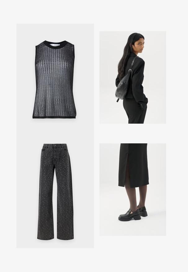 Sort ærmeløs top med et tekstureret, vævet mønster, featuring en rund halsudskæring og kontrasterende ribbede kanter og ærmegennemsnit.; Noisy May NMJANNEL LOOSE - Jeans Relaxed Fit - black denim; Sorte lædersko med rund tå, kraftig blokhæl og elastiske sideaccentuer, parret med mørke strømpebukser og en sort nederdel med slids.; Kvinde med langt, mørkt hår iført en sort dragt, bærende en sort læder skuldertaske, som ser over sin skulder mod en hvid baggrund.; Sølvøreringe med et minimalistisk design. Cirkulær form, glat tekstur og tynd profil. Letvægtige med en poleret overflade.
