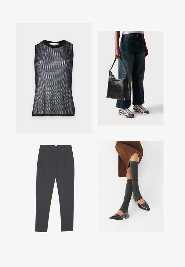 Sort ærmeløs top med et tekstureret, vævet mønster, featuring en rund halsudskæring og kontrasterende ribbede kanter og ærmegennemsnit.; Mørkegrå tapered bukser med sidelommer og frontfolder, designet til en skræddersyet pasform.; Sorte patenterede lædersko med spids tå, blokhæl og ankelrem, kombineret med grå ribbede benvarmere og en brun ruskinds nederdel.; Sort læder skuldertaske med en glat tekstur og justerbar skulderrem, parret med faded brede bukser og atletiske sneakers.