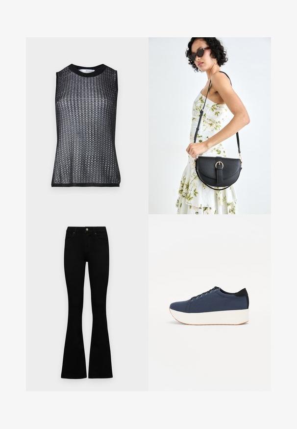 Musta ilmaõlgadega särk, millel on tekstuuriga kootud muster, ümmargune kaelus ja kontrastne soonikääris allservas ja õlavarreaukudel.; Mustad kõrge vöökohtadega teksad, millel on nööp ja lukuga sulgemine, esikäe taskud ja laienevad sääred, asetatud tasasele valgele taustale.; Tumedat sinised tennised tekstureeritud riidest pealispinnaga, valge platvormi tallaga, ümarate varvaste ja musta kontsapaneeliga. Omab kuut silma paelte jaoks.; Mustmust mustraha kõverate joontega, eemaldatava rihmaga ja kuldsete detailidega. Kotil on klapp, millel on pandladetail.