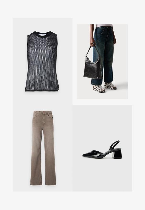 Black sleeveless top with a textured, woven pattern, featuring a round neckline and contrasting ribbed hem and armholes.; Brown high-waist straight-leg jeans with front button, belt loops, and classic five-pocket design on a white background.; Black patent leather slingback heels with a pointed toe and a geometric block heel. Features a sleek, minimal design and smooth texture.; Black leather shoulder bag with a smooth texture and adjustable strap, paired with faded wide-leg jeans and athletic sneakers.