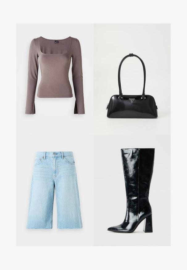 Langärmliges Oberteil aus weichem, braunem Stoff. Mit quadratischem Ausschnitt und seitlichen Schlitzen am Saum. Glatte Textur mit angepasstem Design.; Schwarze, figurbetonte Bluse mit kurzen Ärmeln, Frontreißverschluss und breitem Kragen, flach auf einem weißen Hintergrund ausgelegt.; Helle blaue Denim-Shorts mit lockerer Passform, ausgefranstem Saum, fünf Taschen und Metallbeschlägen. Klassisches Jeansdesign mit subtilen Ausbleichungen.; Schwarze kniehohe Stiefel aus glänzendem Leder, mit spitzem Zehen und einem klobigen, geometrischen Absatz mit glatter Textur.; Schwarz glänzende Handtasche mit geschwungener Silhouette, zwei Griffen und einem Logo-Plakette auf der Vorderseite. Reißverschlussverschluss und glänzende Hardwareakzente.; Silberne Creolen mit einer glatten, polierten Oberfläche. Runde Form mit einem leicht geschwungenen Design und abgerundeten Kanten. Sicherheitsverschluss.