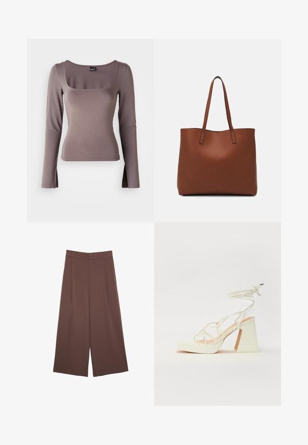 Langärmliges Oberteil aus weichem, braunem Stoff. Mit quadratischem Ausschnitt und seitlichen Schlitzen am Saum. Glatte Textur mit angepasstem Design.; Braune Weite-Leg-Hosen mit einer glatten Textur, hoher Taille und Vorderfalten. Der Stoff ist leicht und fällt locker.; Weiße High-Heel-Sandale mit einem klobigen Absatz, die über ein Riemchendesign und ein Knöchelband verfügt. Glatte Textur mit einer Plattform vorne für zusätzliche Höhe.; Braune Leder-Tote mit glatter Textur, offenem Oberteil und zwei Schulterriemen. Verfügt über minimale Nähte und keine sichtbaren Beschläge.