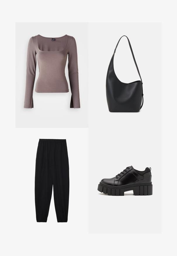 Langärmliges Oberteil aus weichem, braunem Stoff. Mit quadratischem Ausschnitt und seitlichen Schlitzen am Saum. Glatte Textur mit angepasstem Design.; Schwarze, leichte Hosen mit einem elastischen Bund und gerafften Knöcheln. Der Stoff ist glatt und hat ein entspanntes, schmal zulaufendes Design.; Schwarze Lederplateauschuhe mit klobigem Blockabsatz, runder Zehenpartie und traditionellem Schnürdesign. Verfügt über eine glatte Textur und minimale Details.; Schwarze Leder-Hobo-Tasche mit einer glatten Textur, geschwungener Form und einem einzelnen verstellbaren Tragegurt; verfügt über eine weite Öffnung am oberen Ende.
